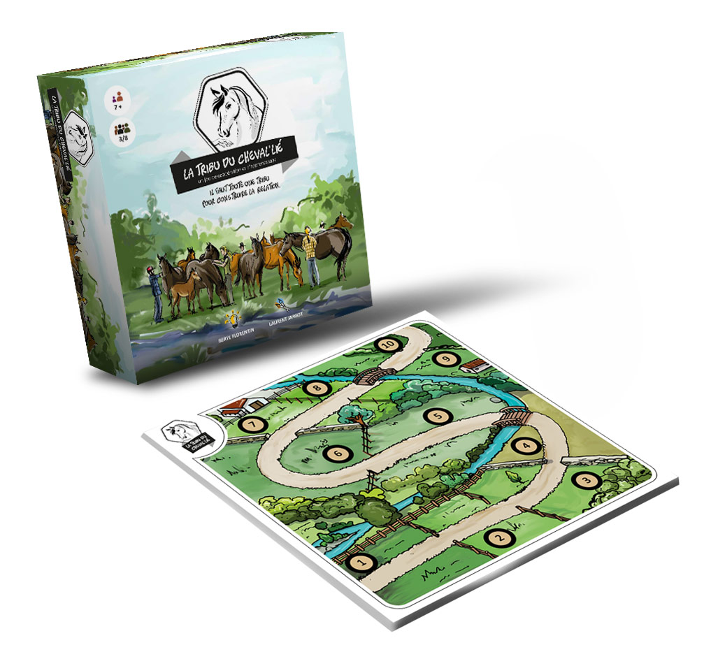 Mise en 3d de la boîte et du plateau du jeu de coopération "la tribu du cheval'lié".